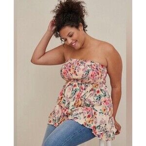 Torrid Sz2 Sexy Floral Babydoll Slub Smocked Flower Garden Tube Top Cottagecore